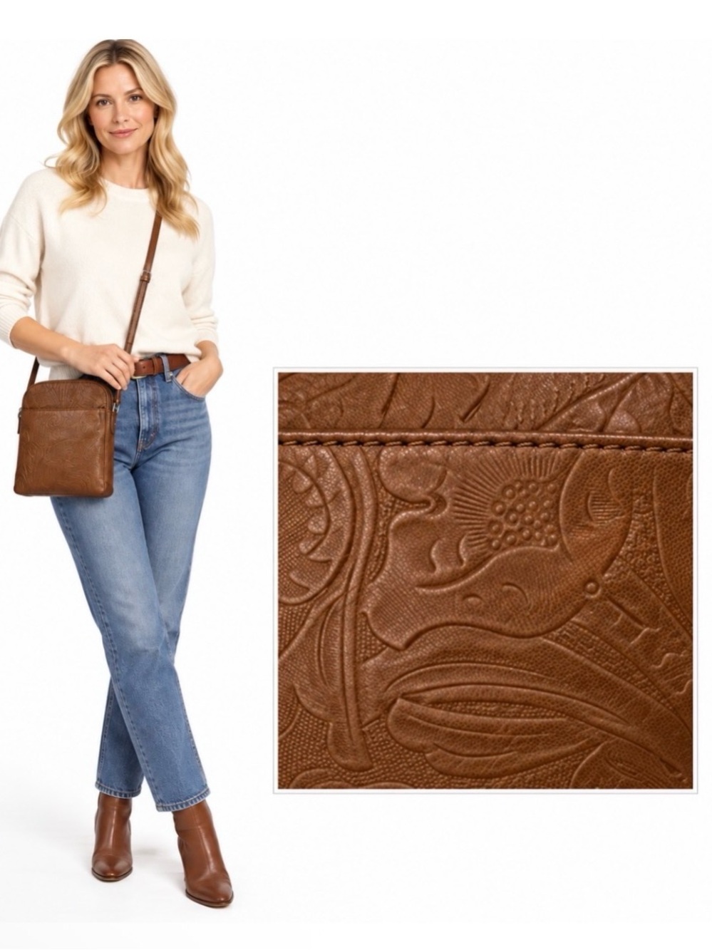Margot, Embossed Brown Leather Crossbody Bag